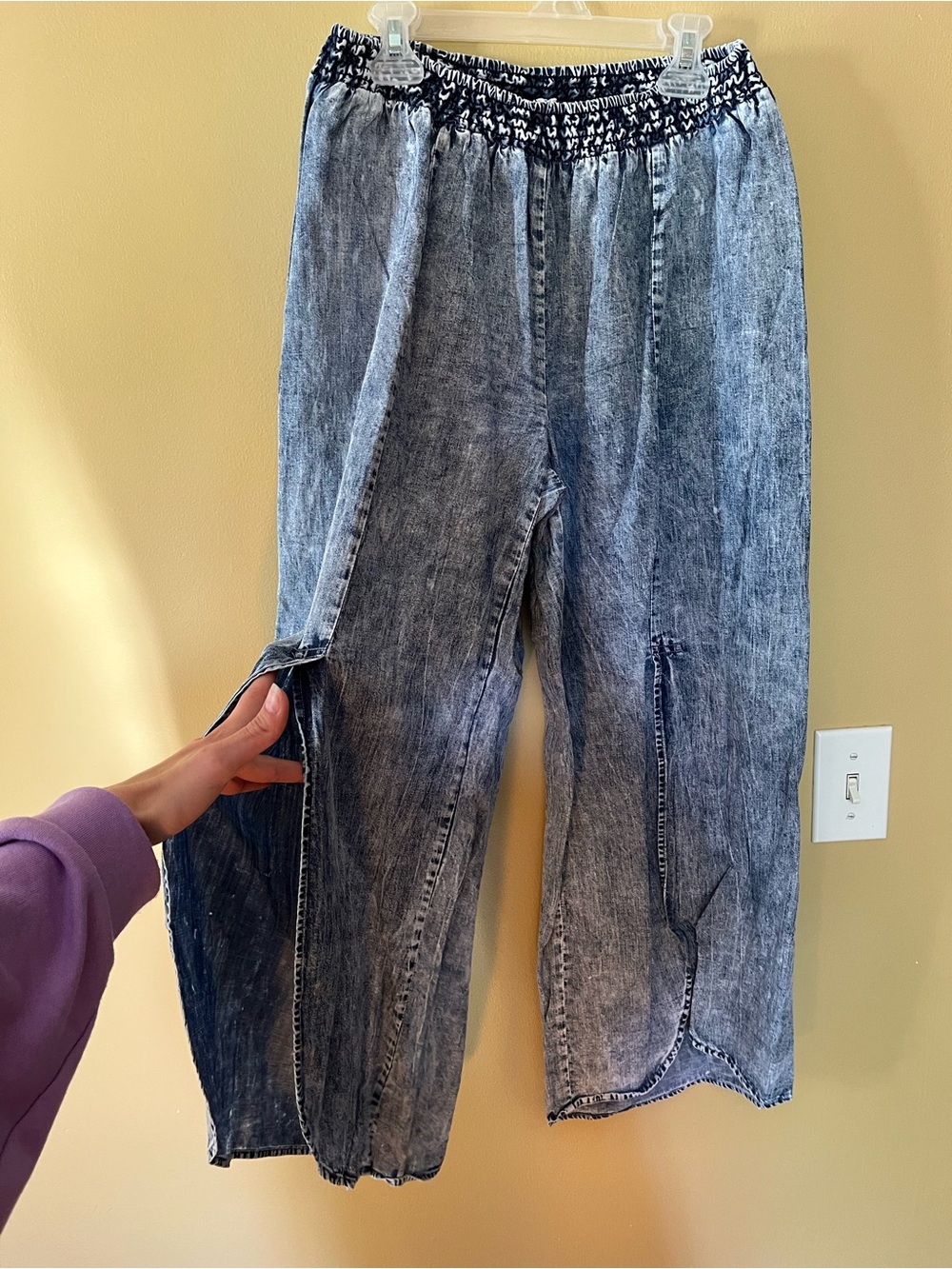 THML Denim Washed Wide-Leg Pants with Smocked Waist